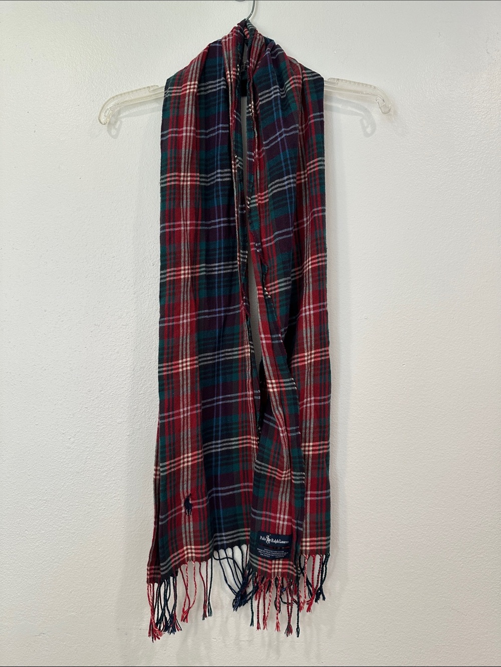 Polo Ralph Lauren Red Green Plaid Cotton Made in Italy Long Scarf One Size